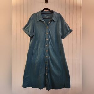 Soft Surroundings Women Teal Button Down Shirt Dress Size L Soft Stretch Casual